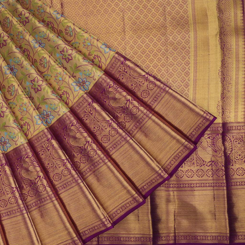 Pale Gold Tissue Kanjivaram Silk Saree With Floral Motif Pattern - Singhania's