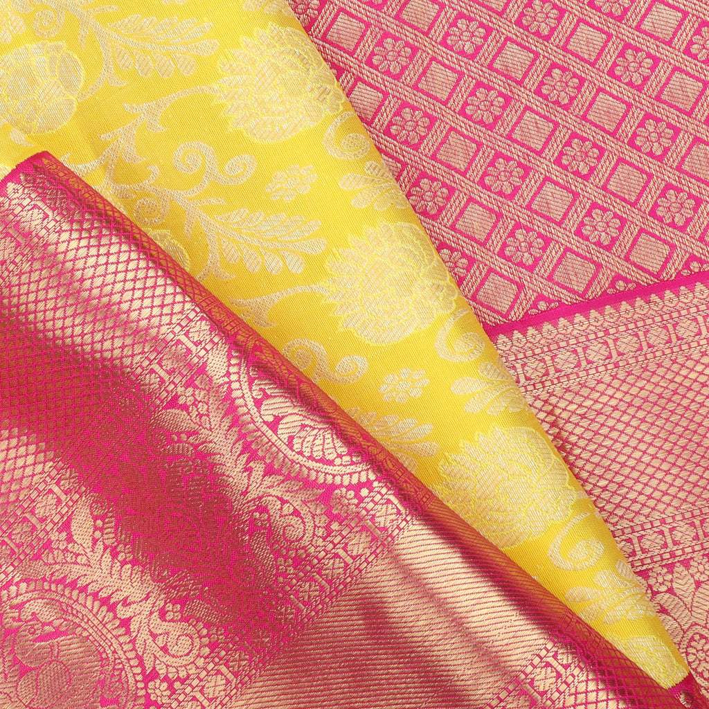 Bright Yellow Kanjivaram Silk Saree With Jaal Design - Singhania's