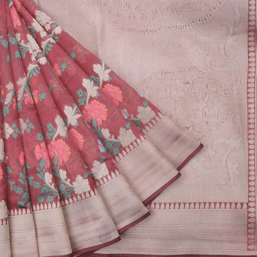 Pastel Maroon Silk Saree With Floral Motif Pattern - Singhania's