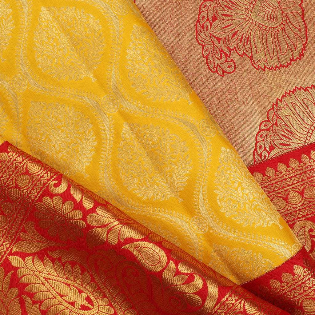 Bright Yellow Kanjivaram Silk Saree With Floral Buttas - Singhania's