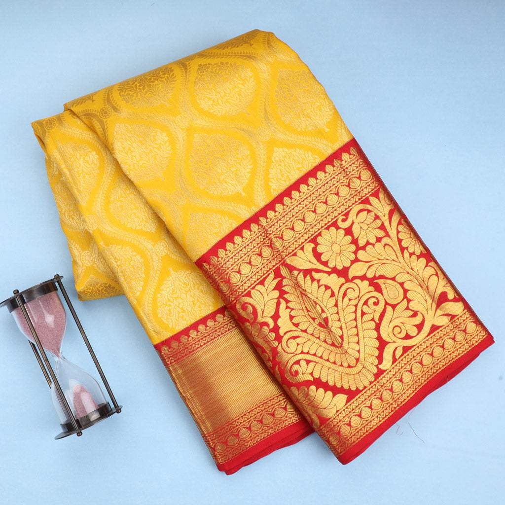 Bright Yellow Kanjivaram Silk Saree With Floral Buttas - Singhania's