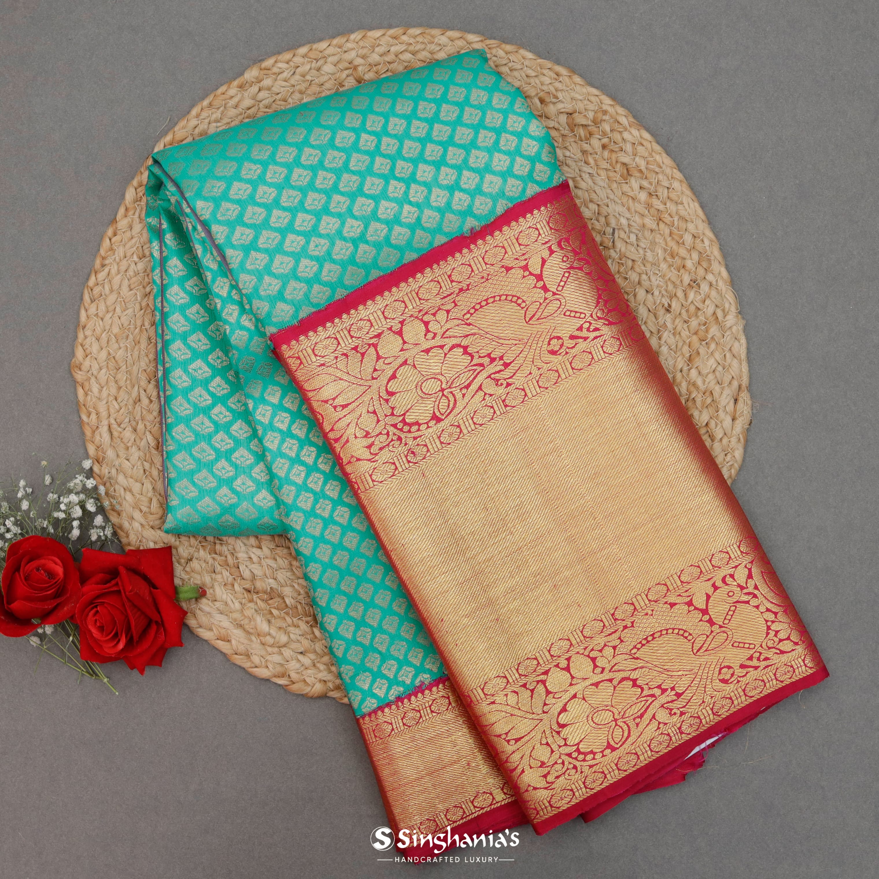 Turquoise Blue Silk Kanjivaram Saree With Geometrical Pattern