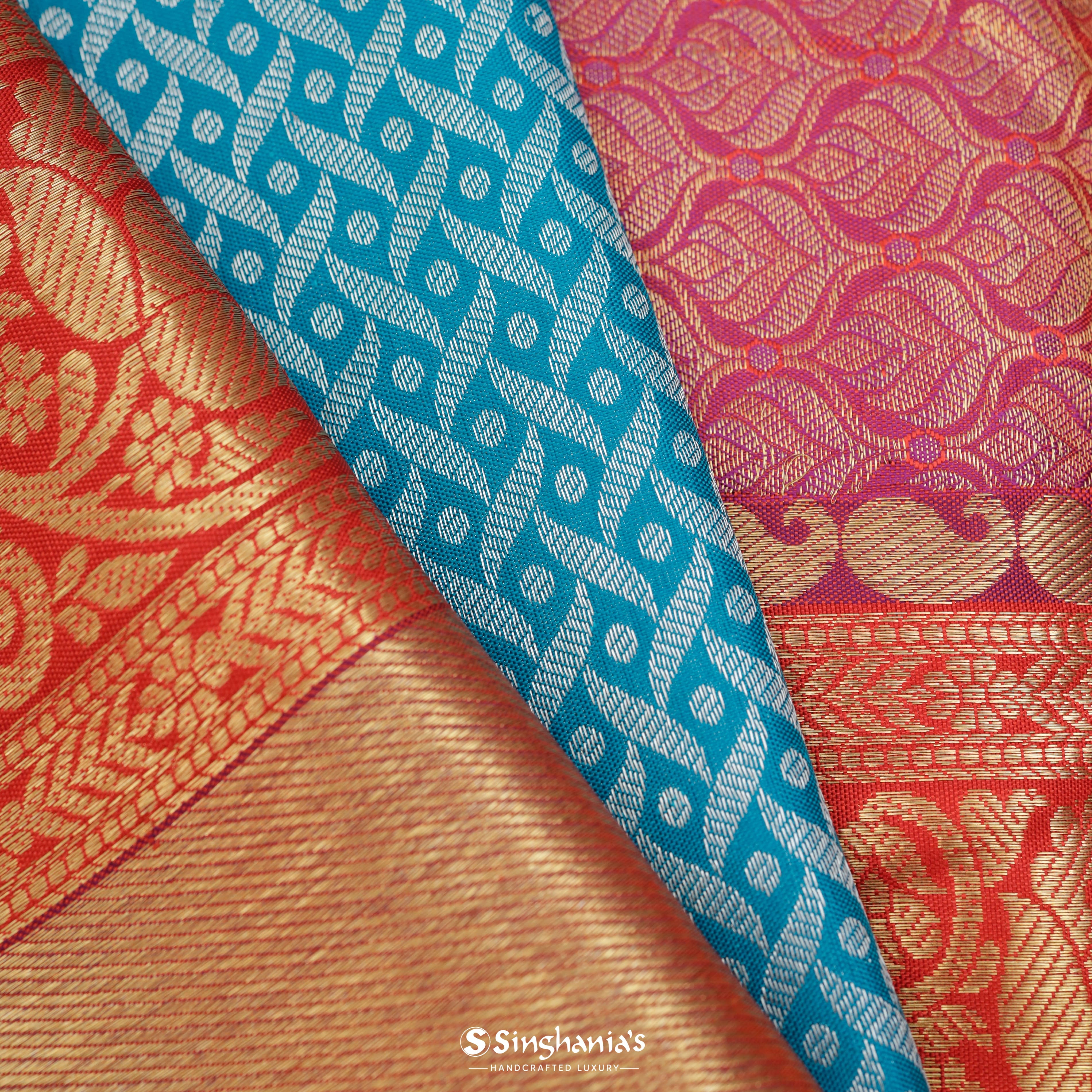 Vivid Sky Silk Kanjivaram Saree With Geometrical Pattern