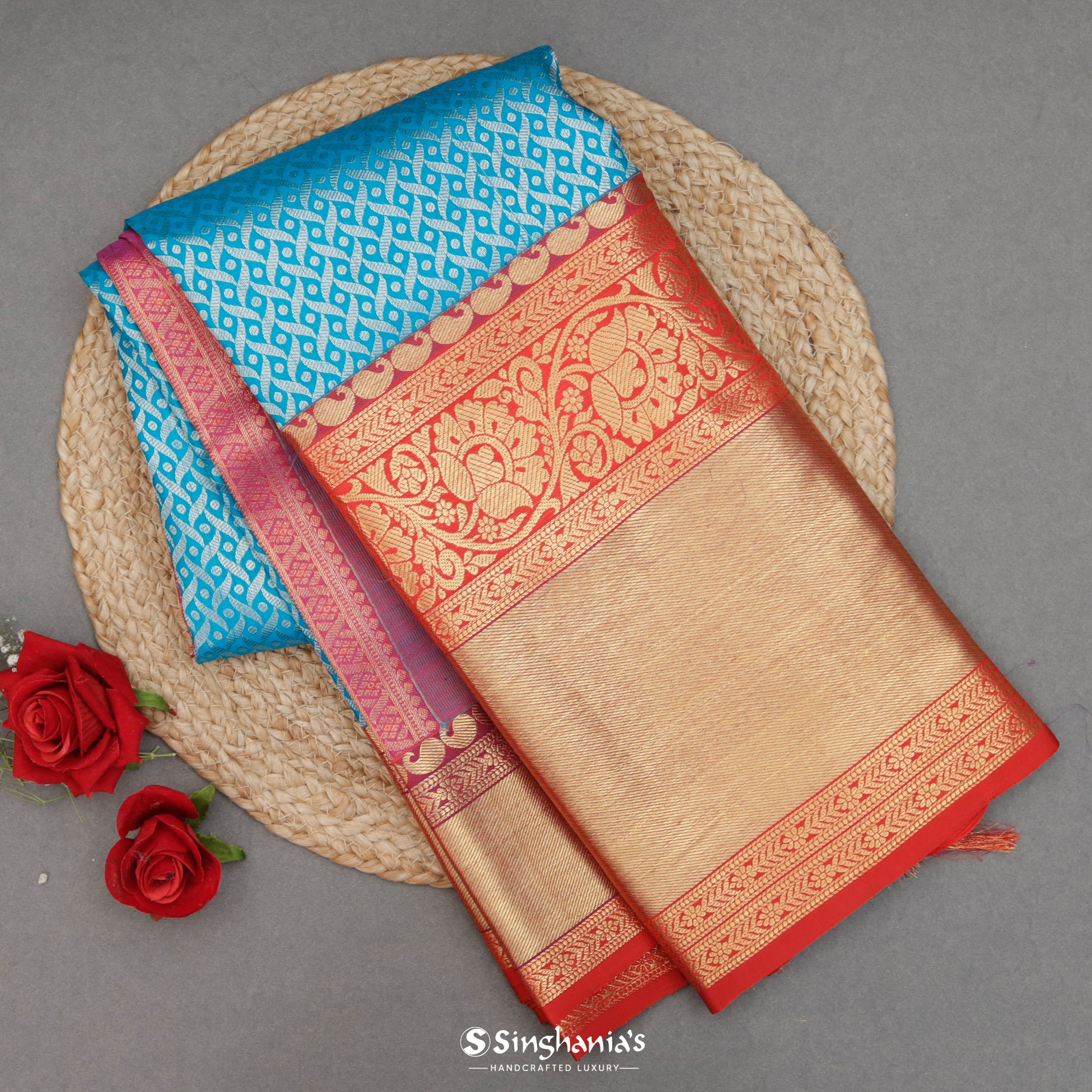 Vivid Sky Silk Kanjivaram Saree With Geometrical Pattern