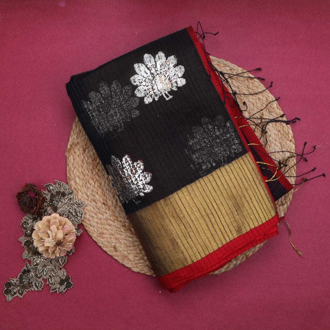 Black Organza Saree With Foil Printed Motifs - Singhania's