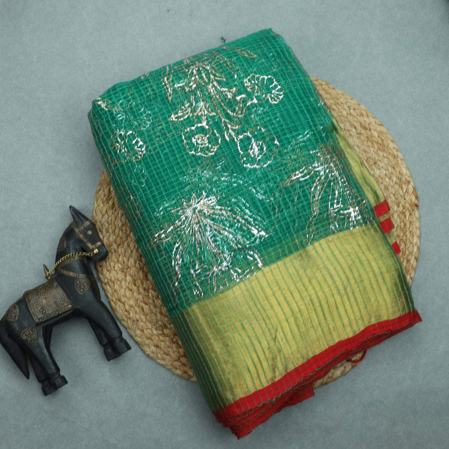 Green Organza Saree With Foil Printed Motifs - Singhania's