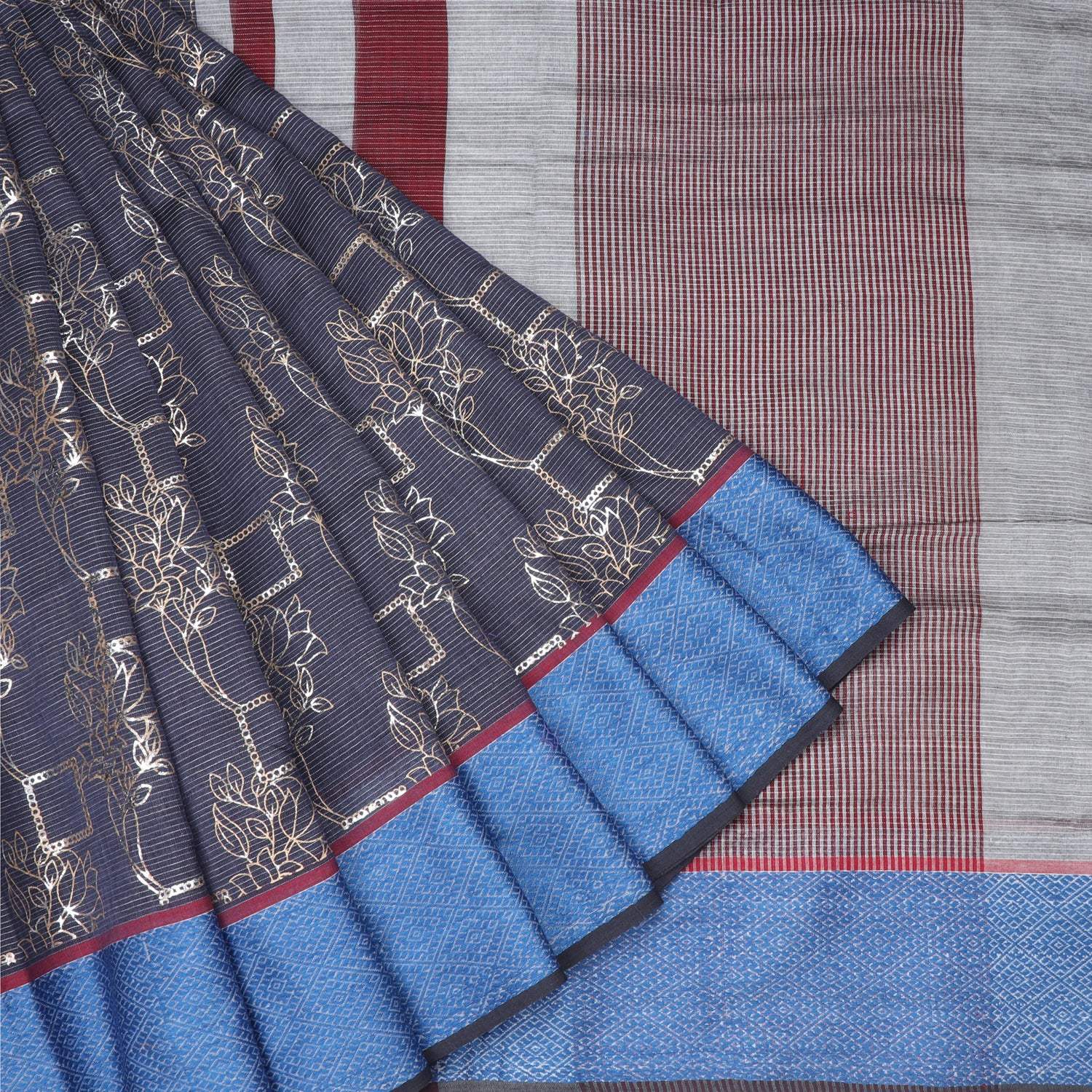 Black Cotton Saree With Foil Prints - Singhania's