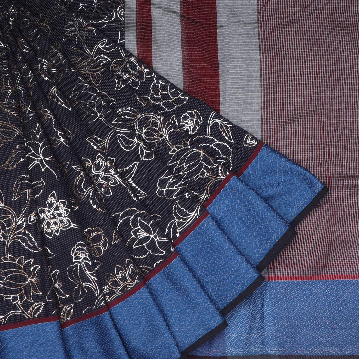 Black Cotton Saree With Foil Printed Motif Pattern - Singhania's