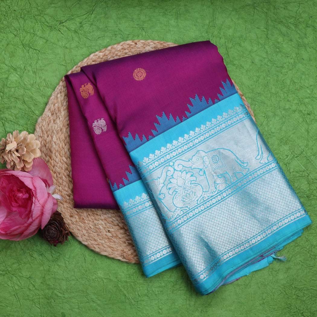 Bright Purple Gadwal Handloom Silk Saree - Singhania's