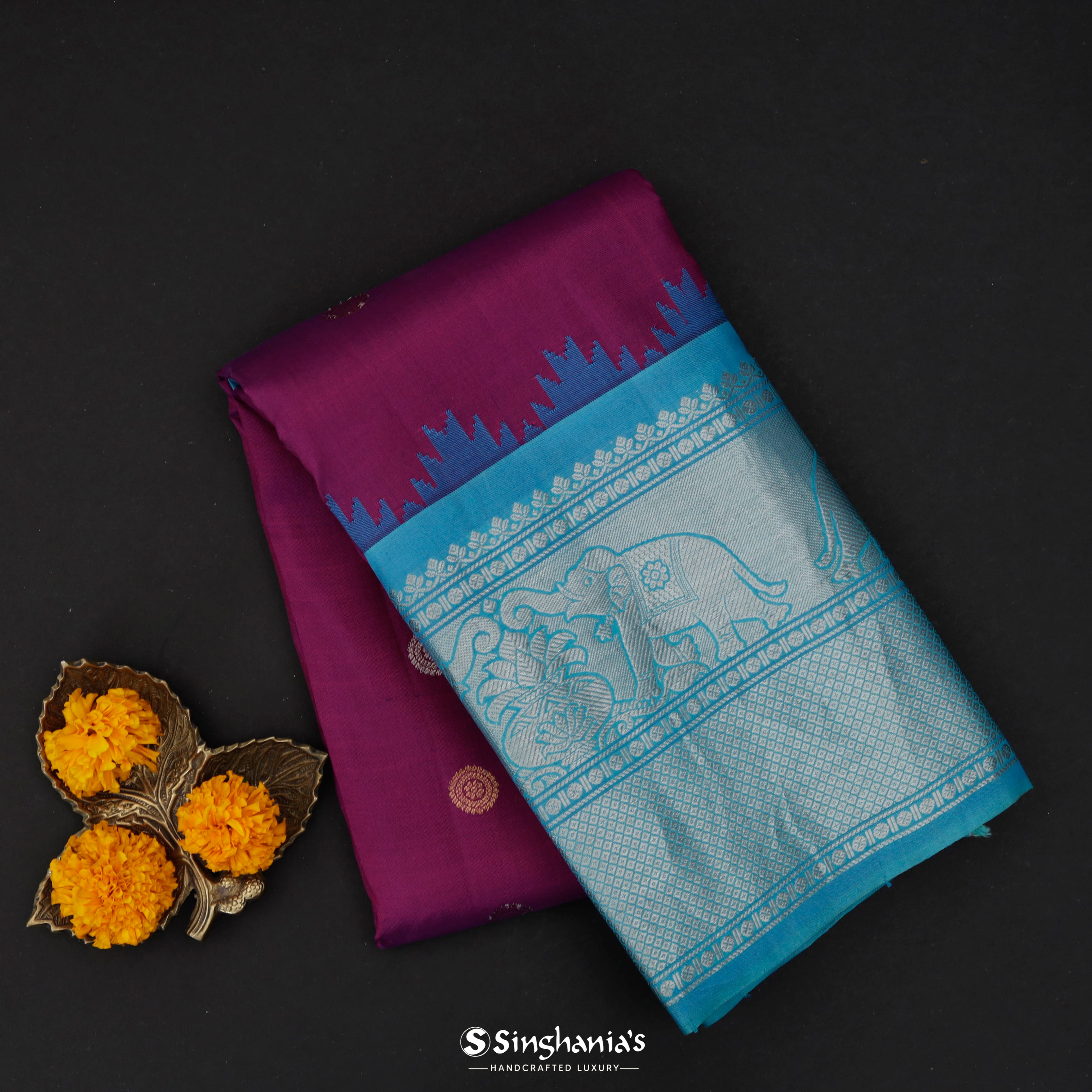 Fandango Purple Silk Gadwal Saree With Mayil (Peacock) And Rudraksh Motifs