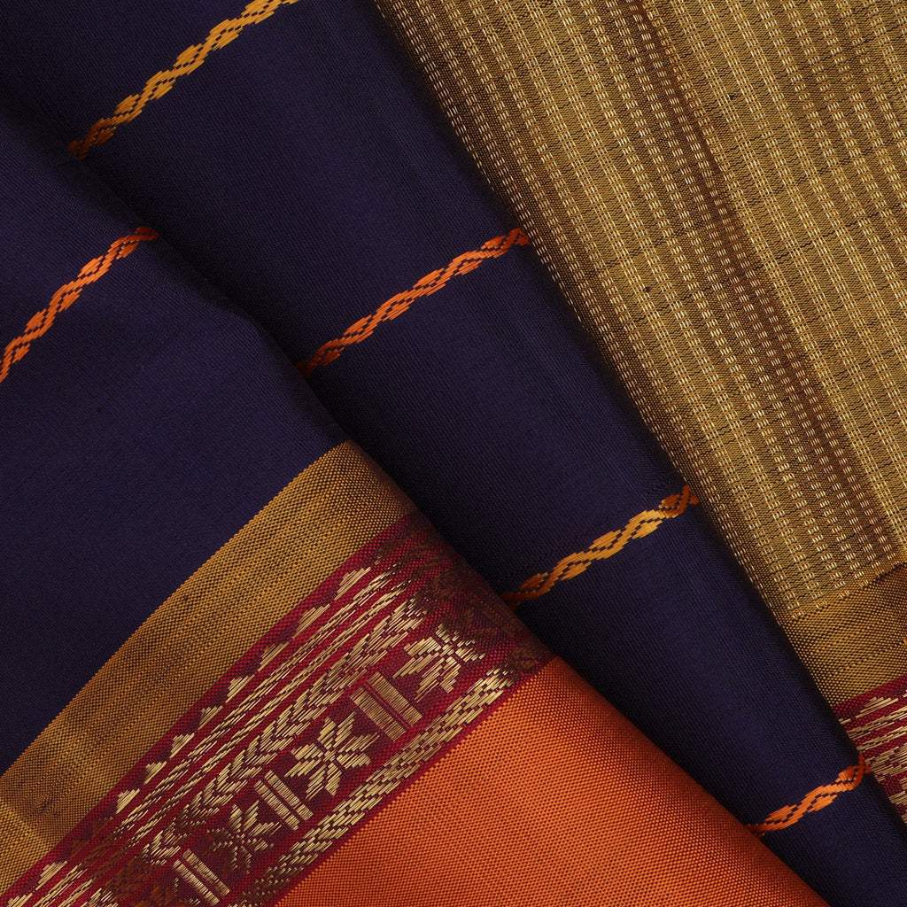 Dark Blue Kanjivaram Silk Saree With Horizontal Stripes Pattern - Singhania's