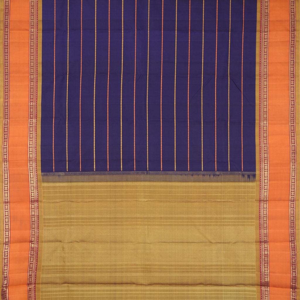 Dark Blue Kanjivaram Silk Saree With Horizontal Stripes Pattern - Singhania's