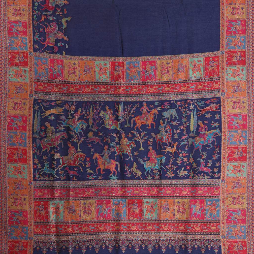 Dark Blue Kani Silk Handloom Saree With Horse Pattern - Singhania's