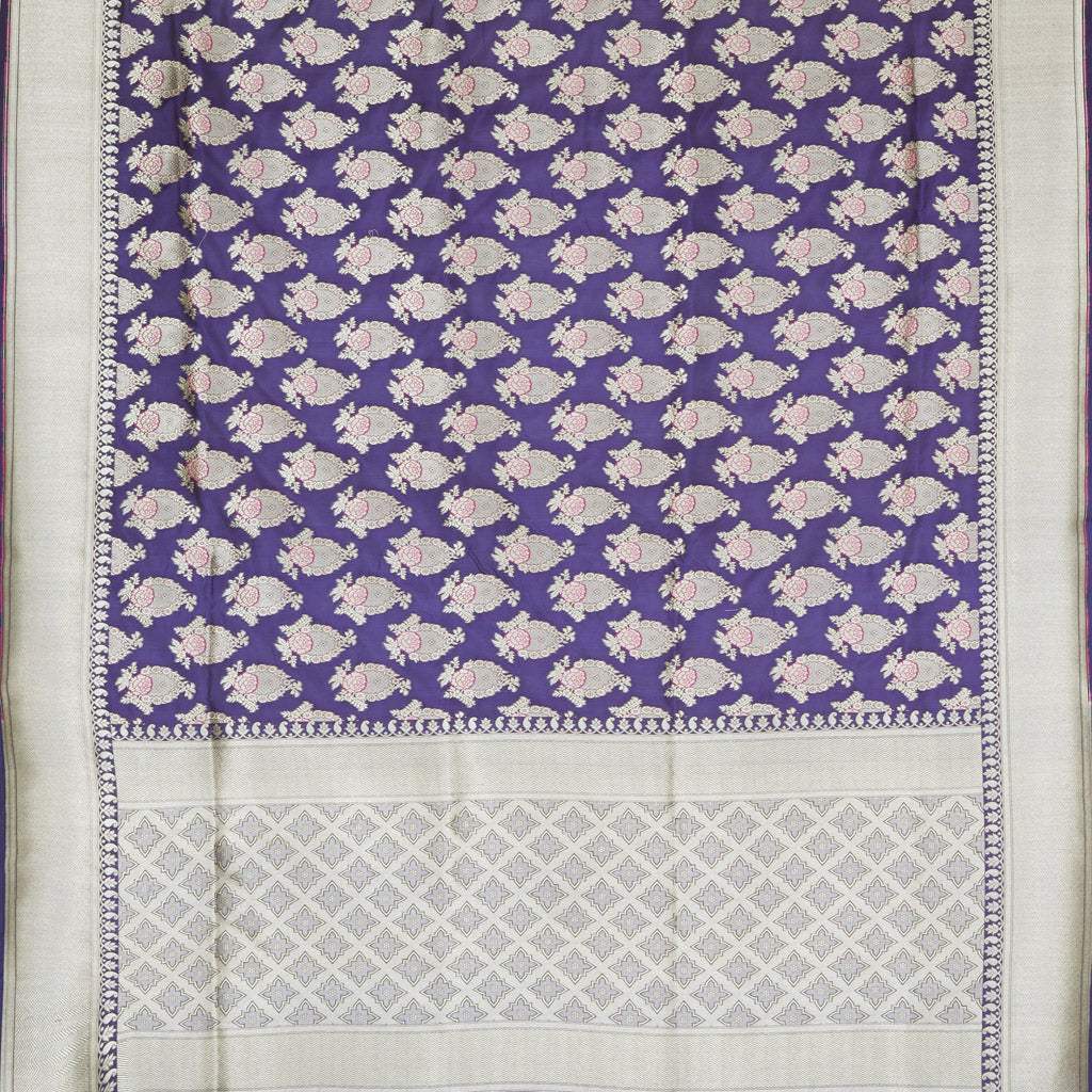 Dark Blue Banarasi Silk Handloom Saree With Floral Motifs - Singhania's