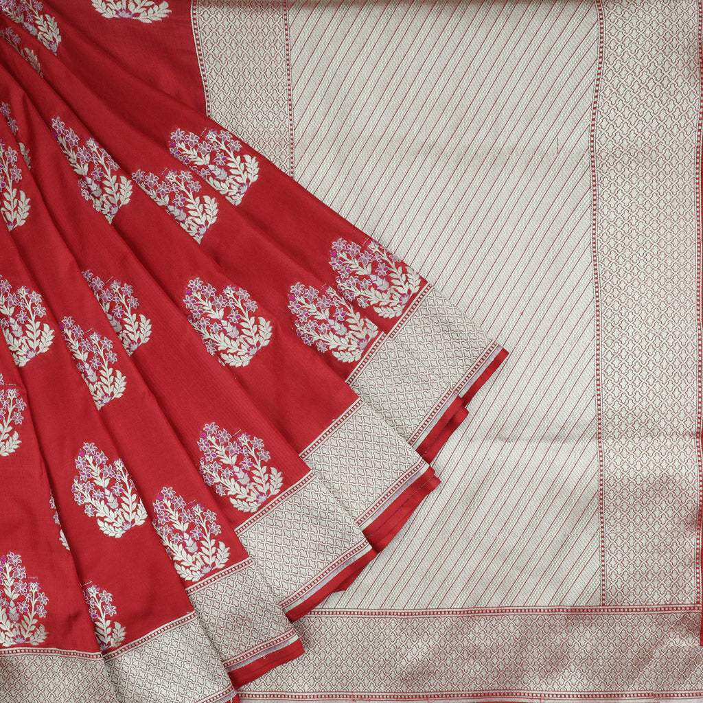 Deep Red Banarasi Silk Handloom Saree - Singhania's