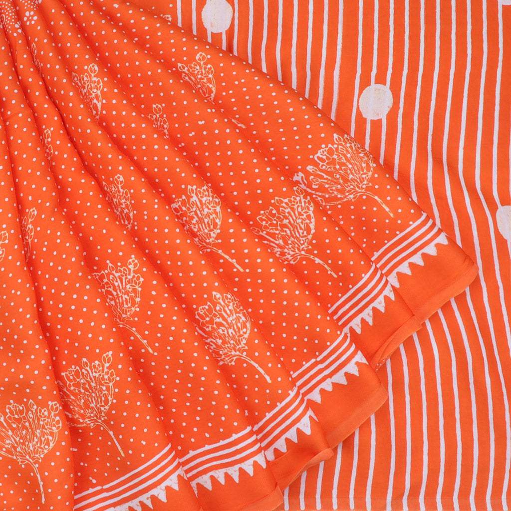 Vibrant Orange Printed Satin Silk Saree With Floral Motifs - Singhania's