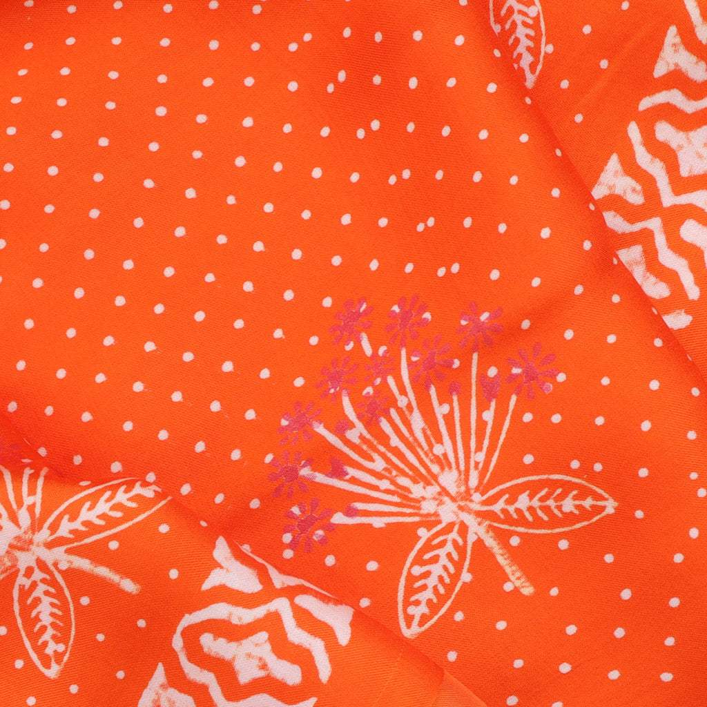 Bright Orange Printed Satin Silk Saree With Floral And Polka Dots - Singhania's