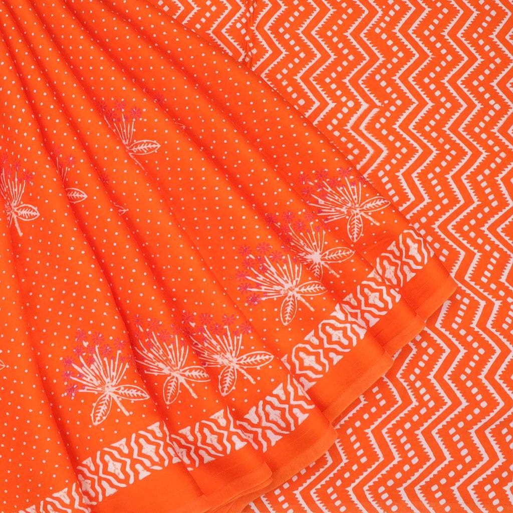 Bright Orange Printed Satin Silk Saree With Floral And Polka Dots - Singhania's