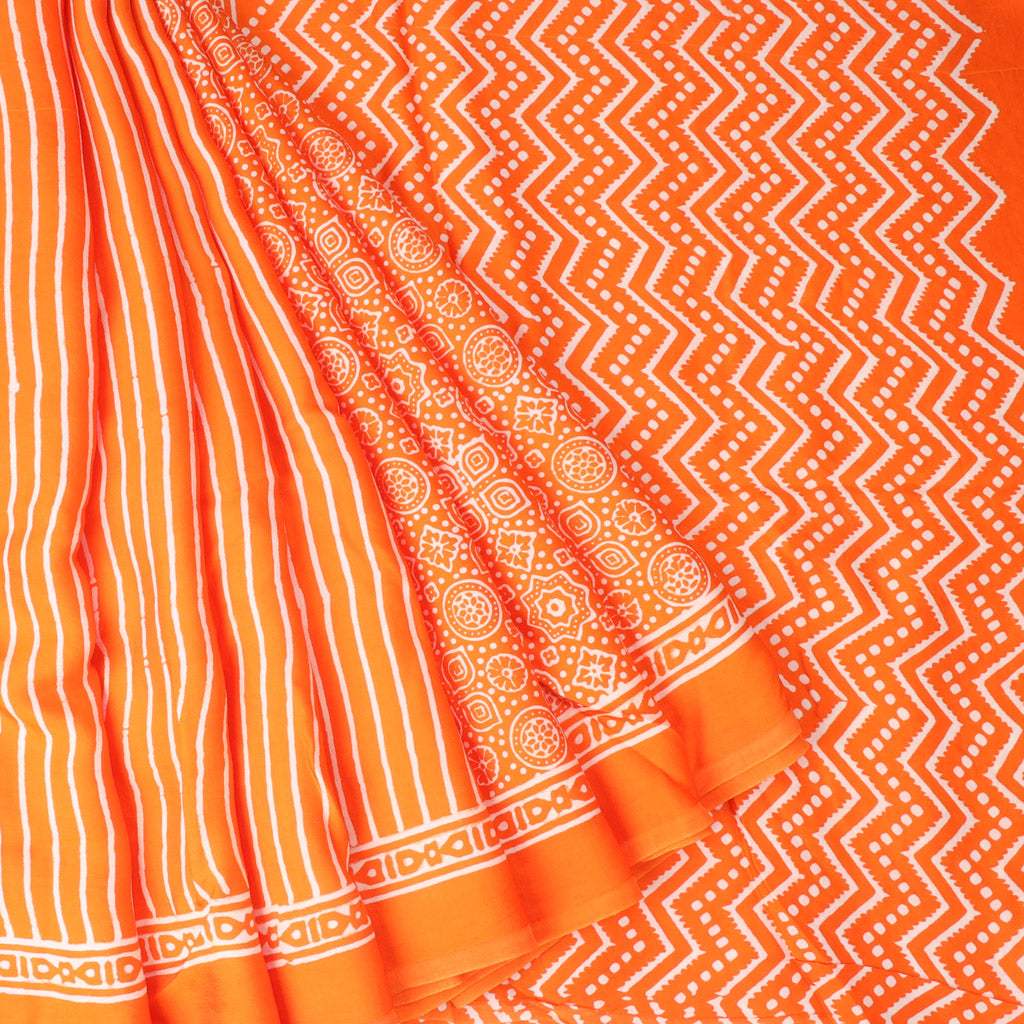 Orange Floral Printed Satin Silk Saree - Singhania's