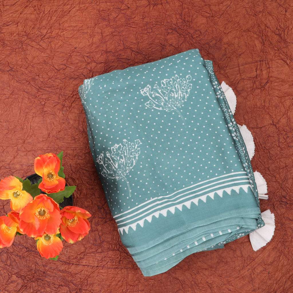 Baby Blue Floral Printed Satin Silk Saree - Singhania's