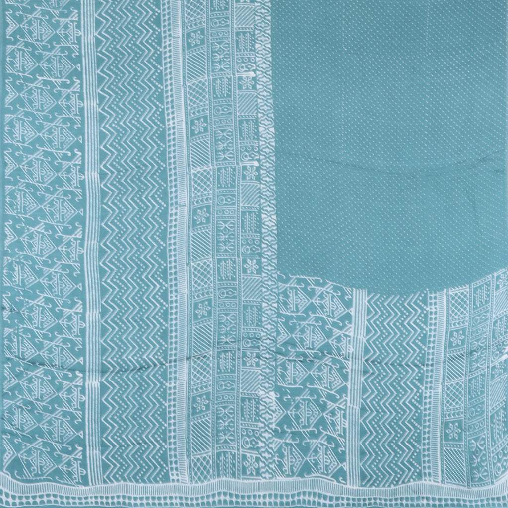 Tiffany Blue Printed Satin Silk Saree With Geometrical Motifs - Singhania's