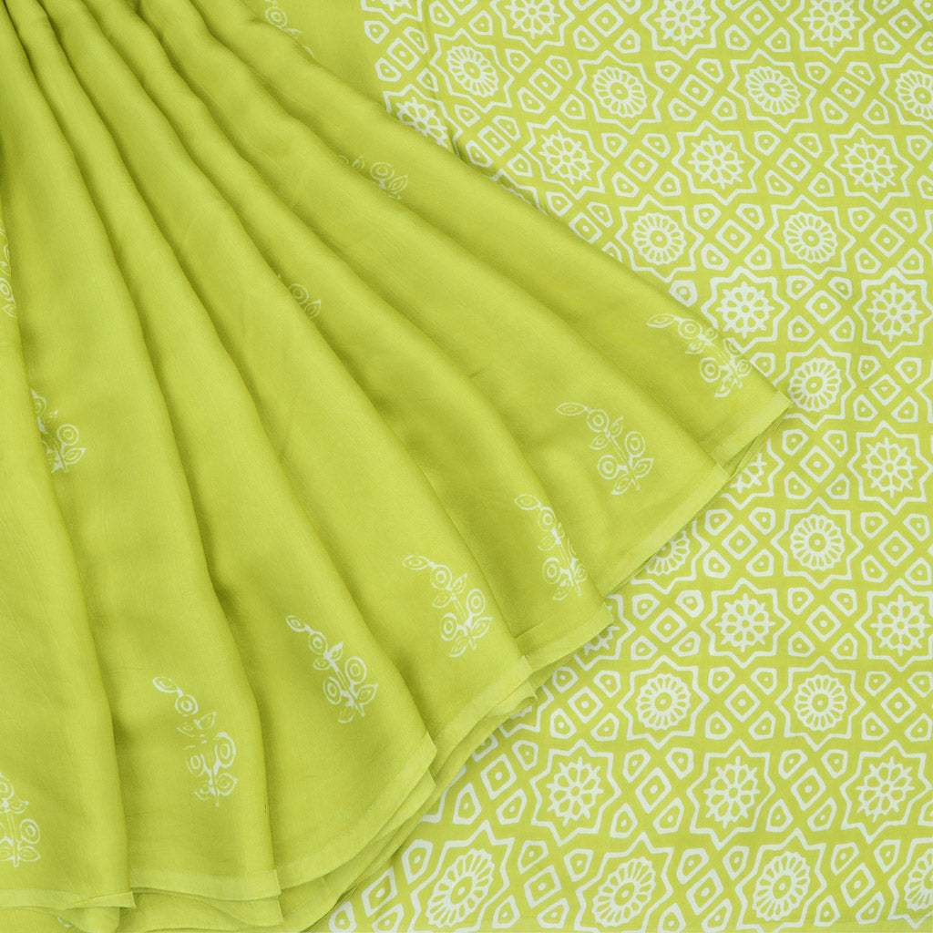 Lime Green Printed Satin Silk Saree With Floral Motifs - Singhania's