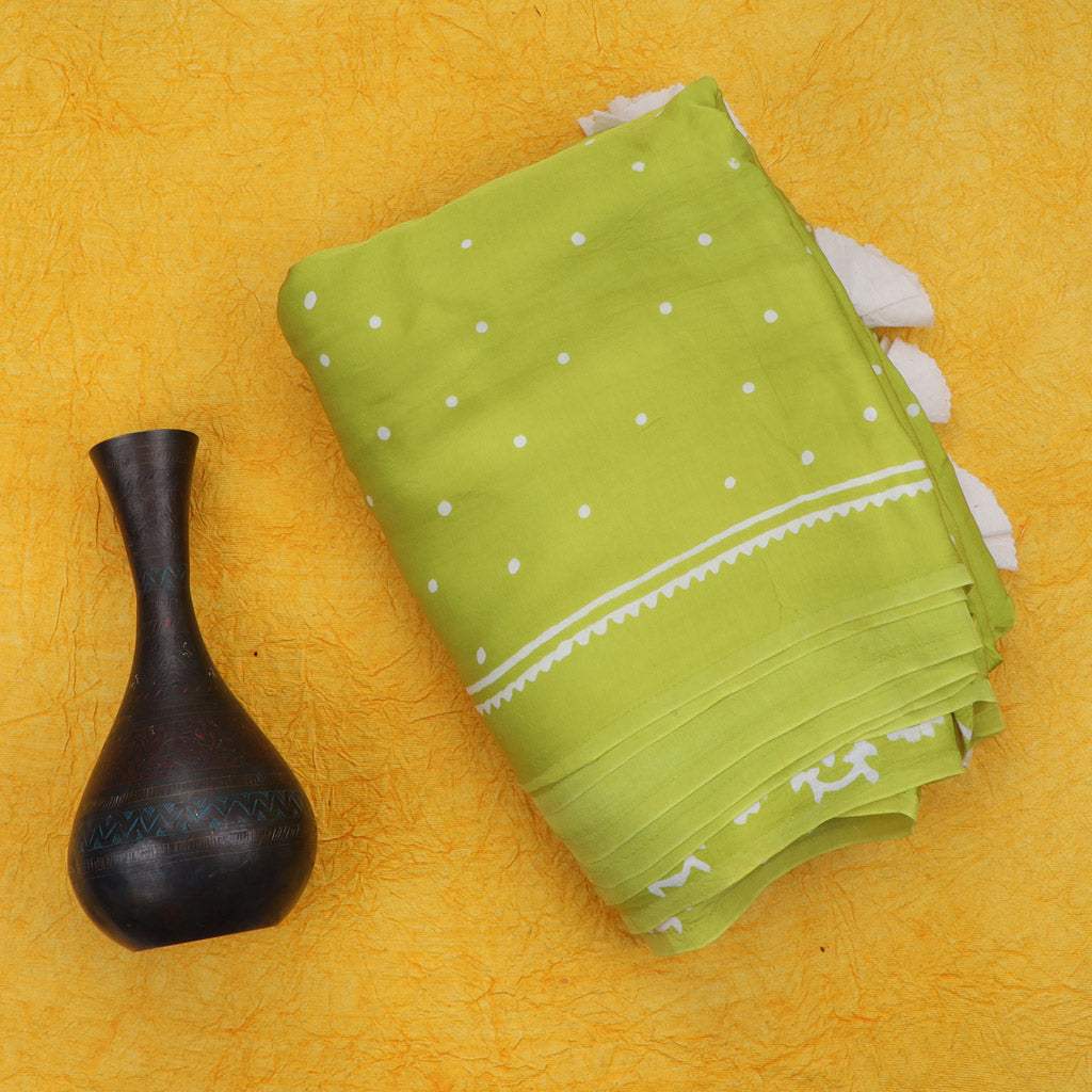 Lime Green Printed Satin Silk Saree With Chevron Pattern - Singhania's