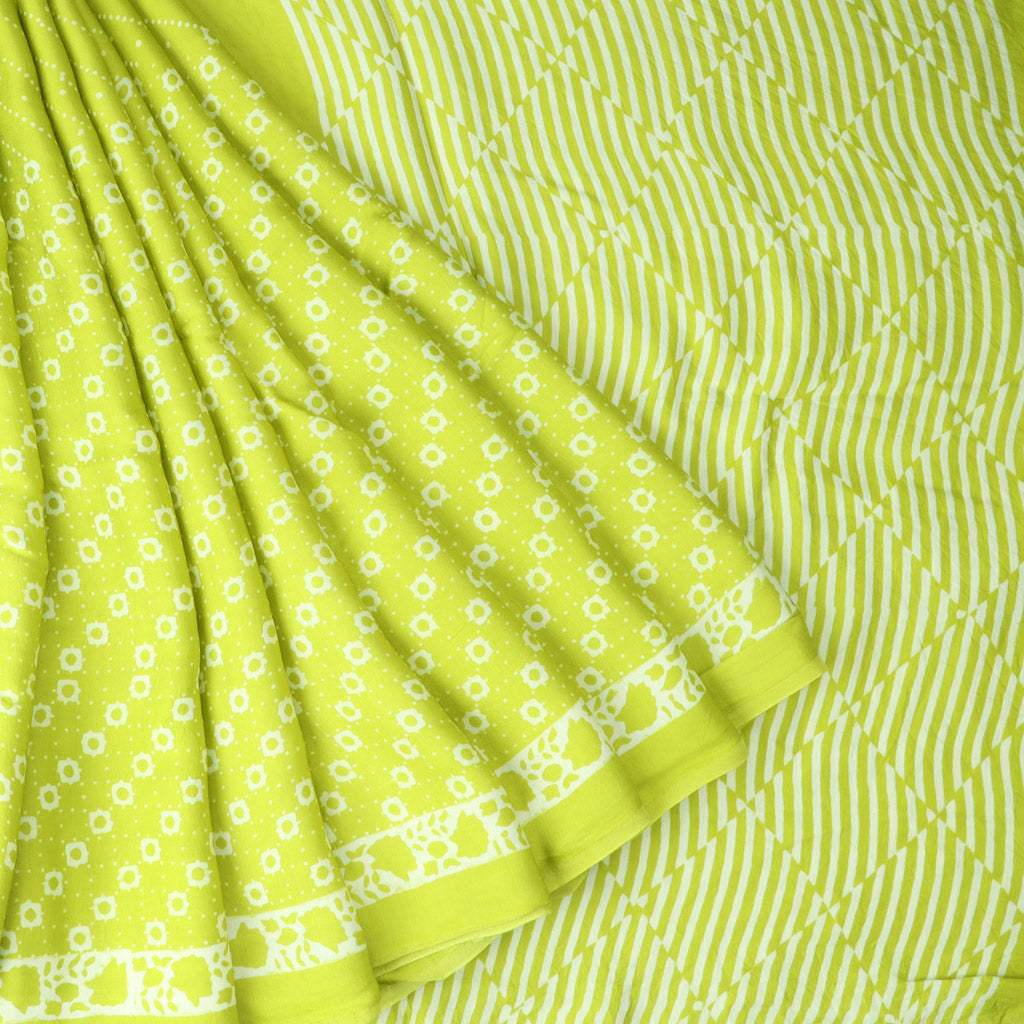 Vibrant Neon Green Printed Satin Silk Saree - Singhania's