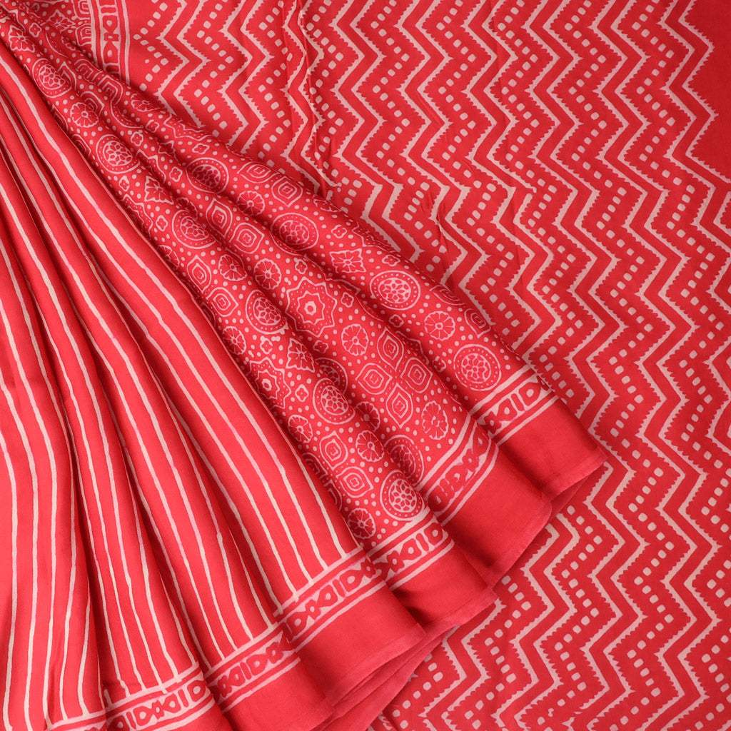 Vibrant Red Printed Satin Silk Saree - Singhania's