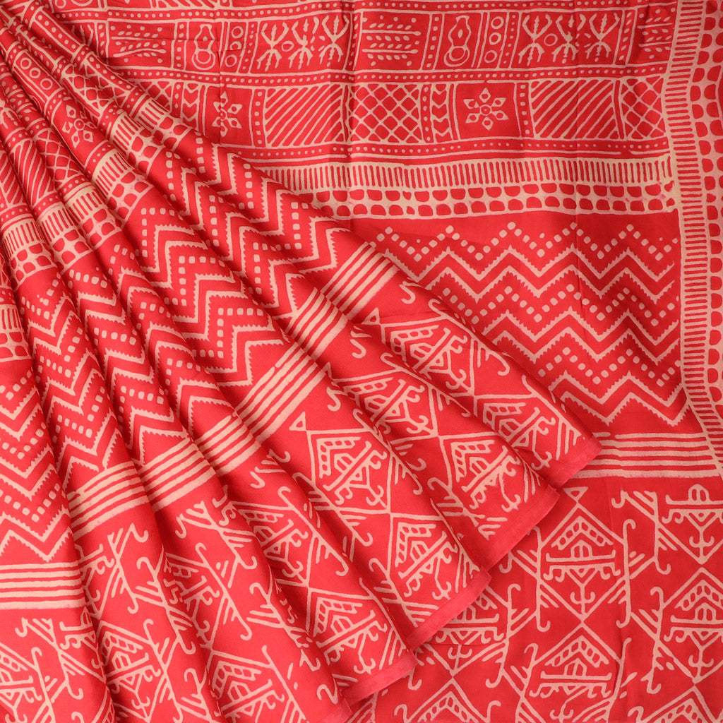 Soft Red Printed Satin Silk Saree - Singhania's