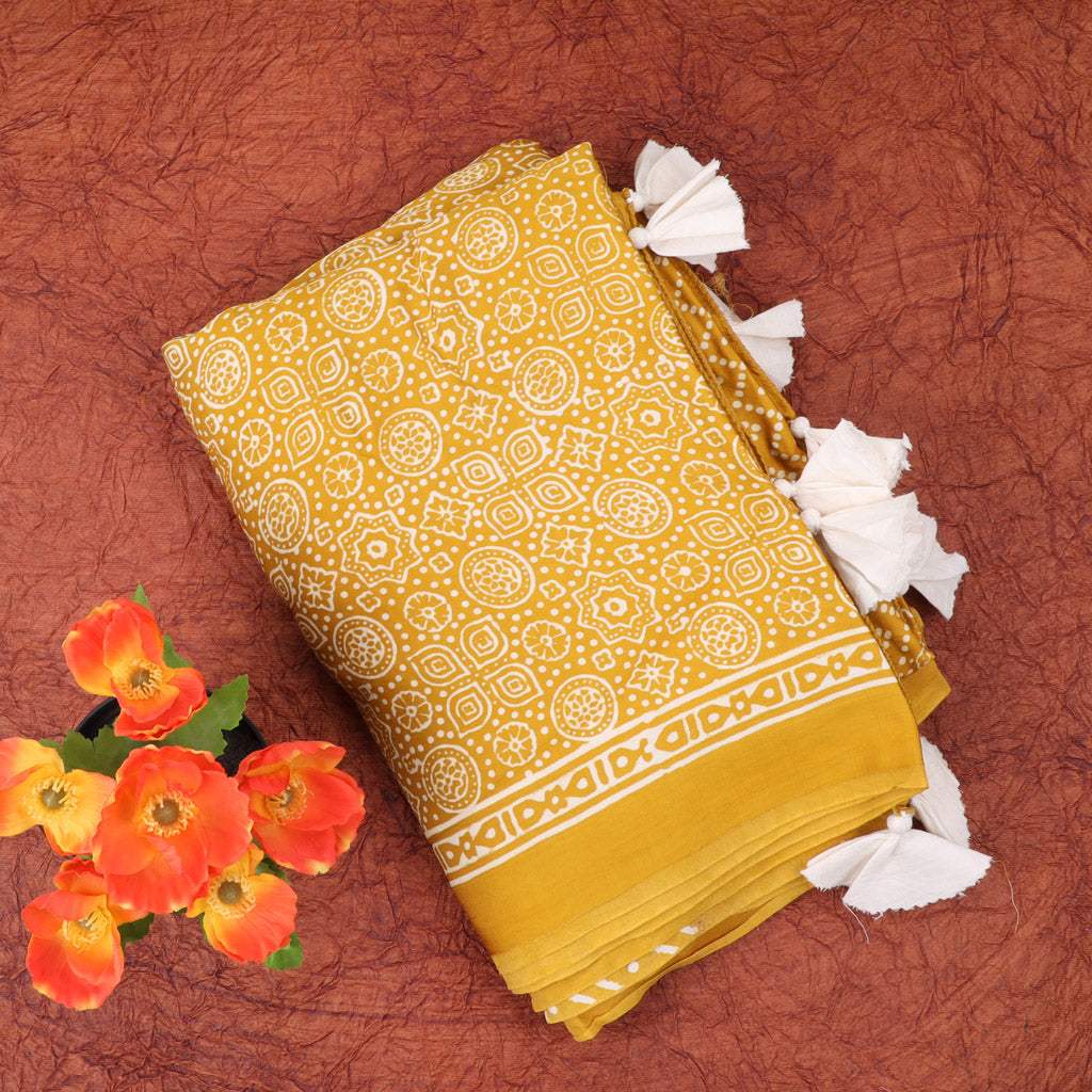 Honey Yellow Floral Printed Satin Silk Saree - Singhania's