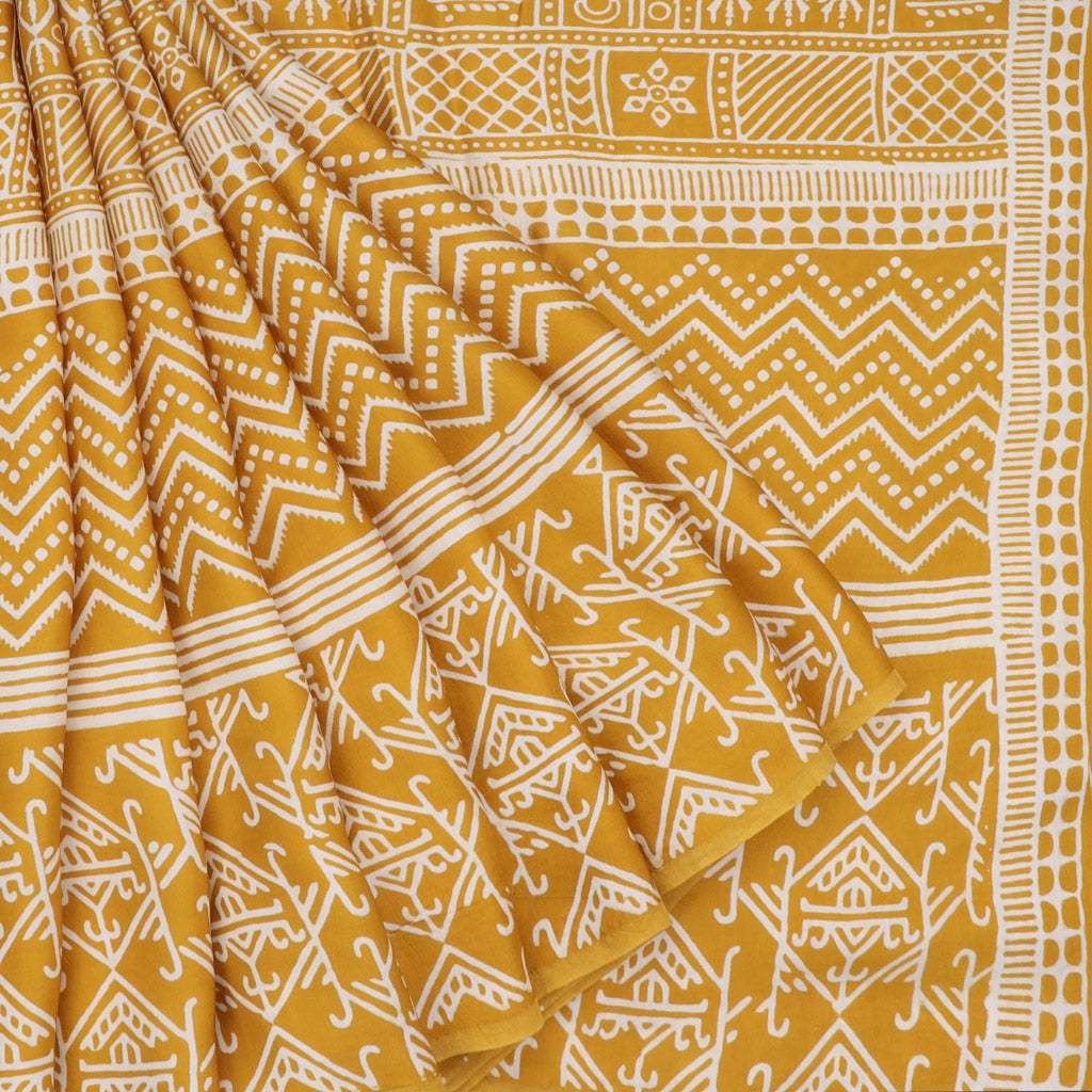 Light Mustard Yellow Printed Satin Silk Saree - Singhania's