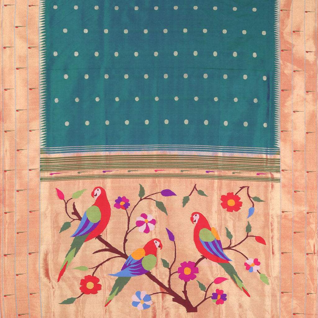 Pine Green Paithani Silk Handloom Saree With Munia Border - Singhania's