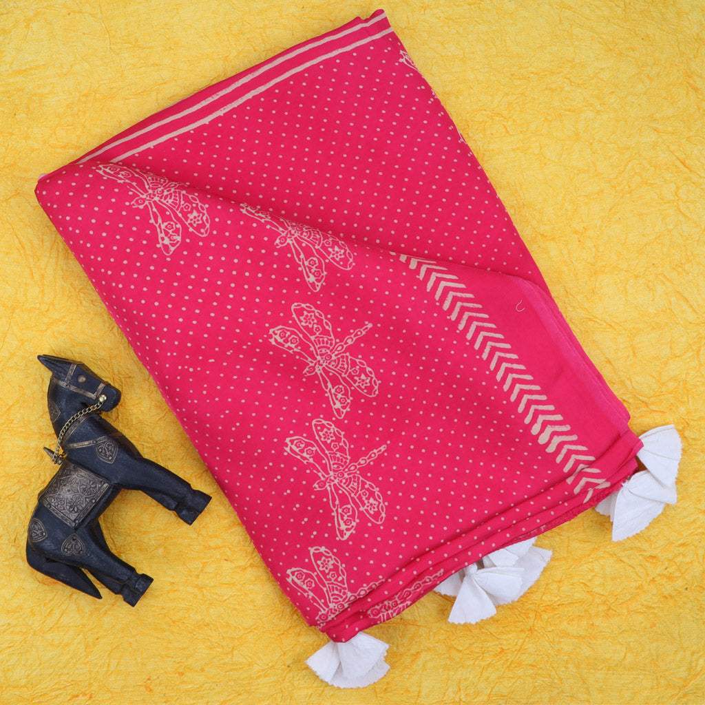 Vibrant Pink Printed Modal Satin Silk Saree - Singhania's