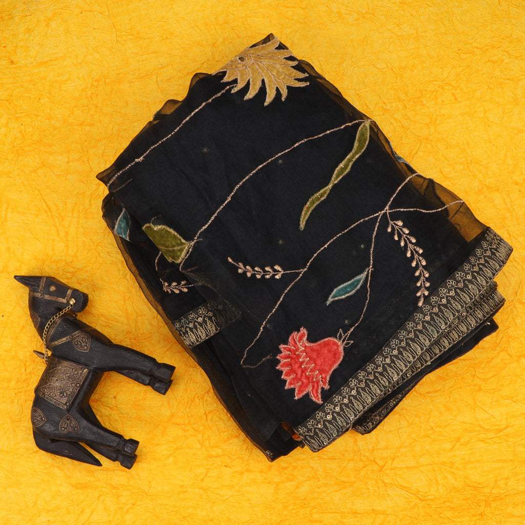 Black Organza Saree With Velvet Applique - Singhania's