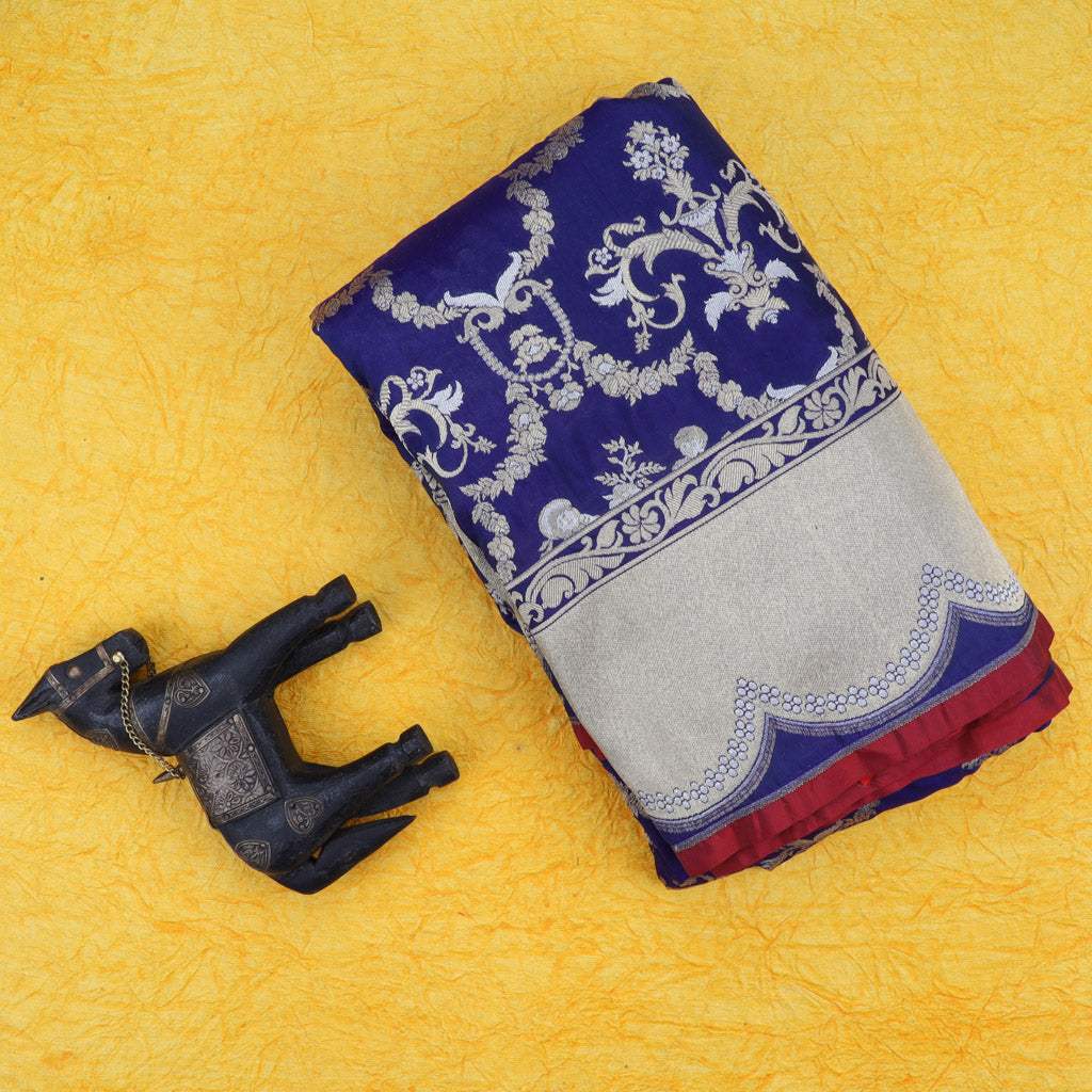 Dark Violet Banarasi Silk Saree With Floral Motifs - Singhania's