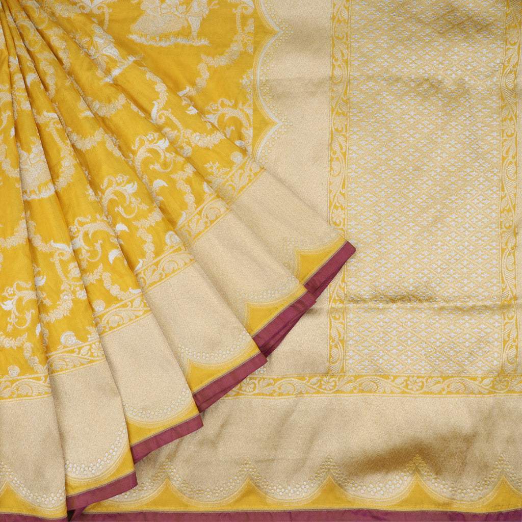 Sunflower Yellow Banarasi Silk Saree With Floral Jaal Design - Singhania's