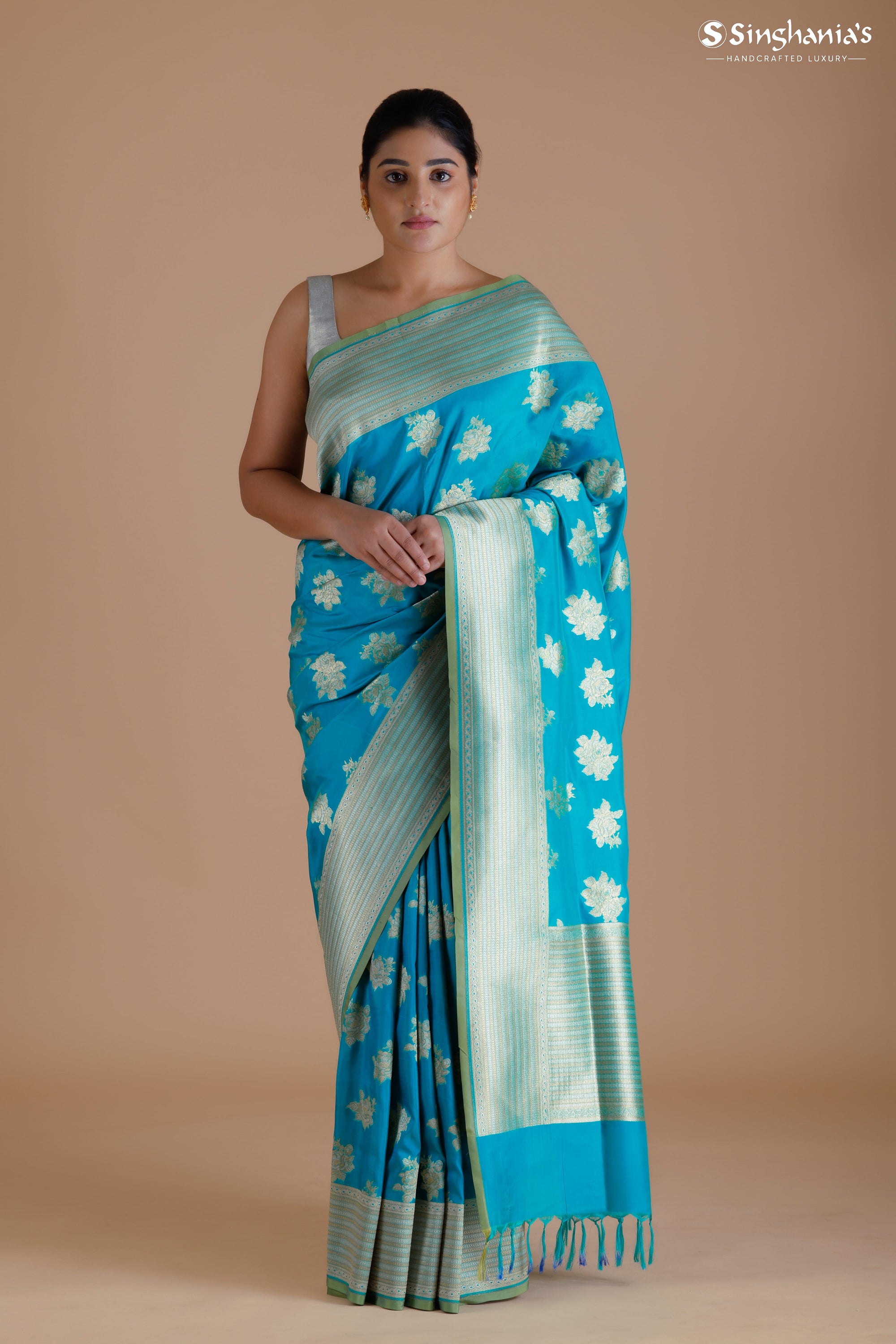 Cyan Blue Banarasi Silk Saree With Floral Motifs - Singhania's