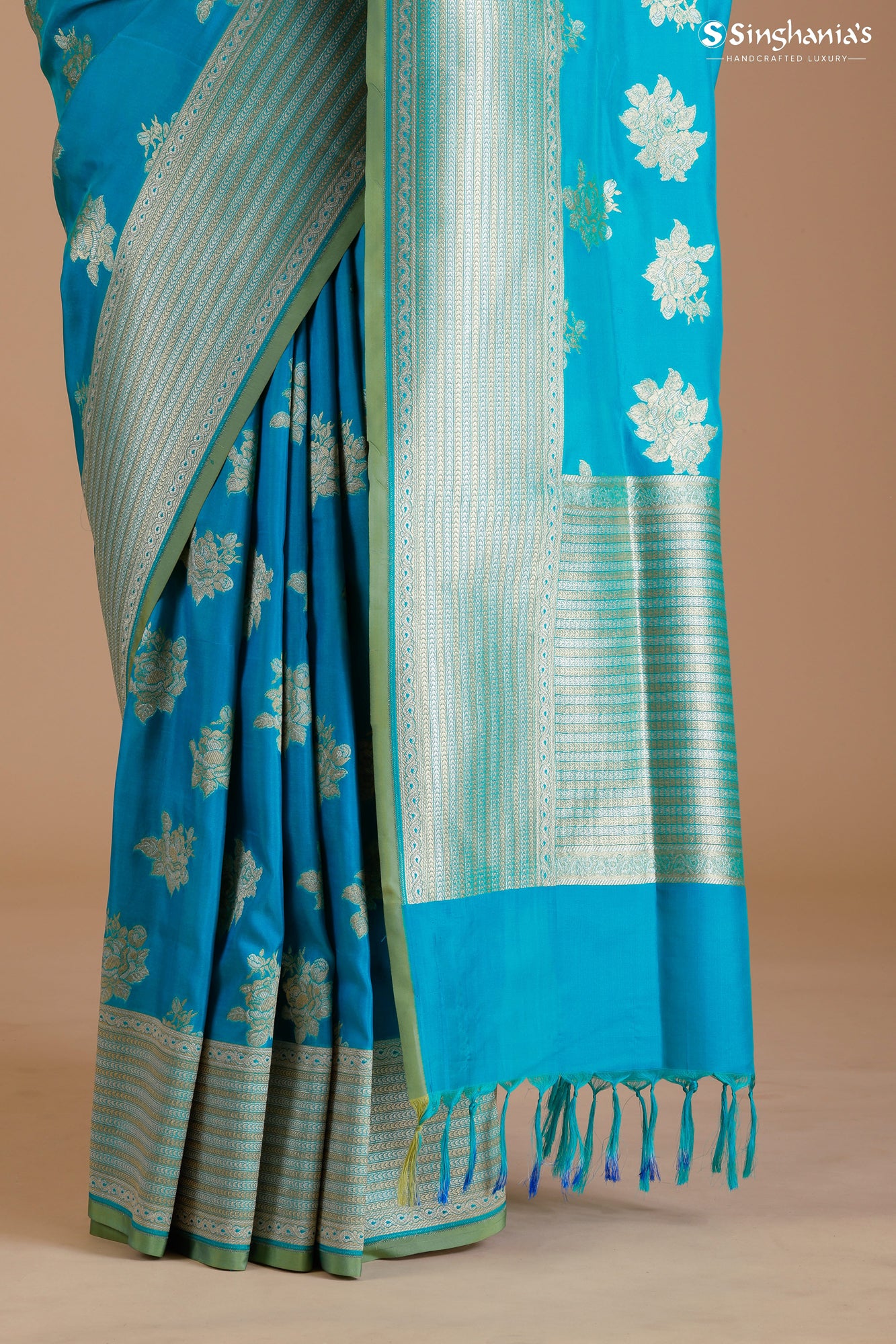Cyan Blue Banarasi Silk Saree With Floral Motifs - Singhania's