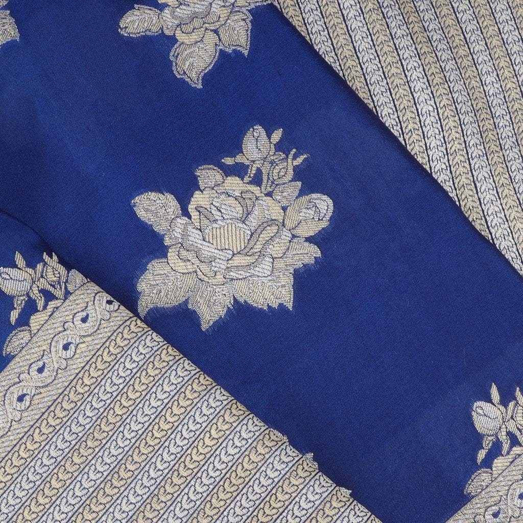 Cobalt Blue Banarasi Silk Saree With Floral Motifs - Singhania's