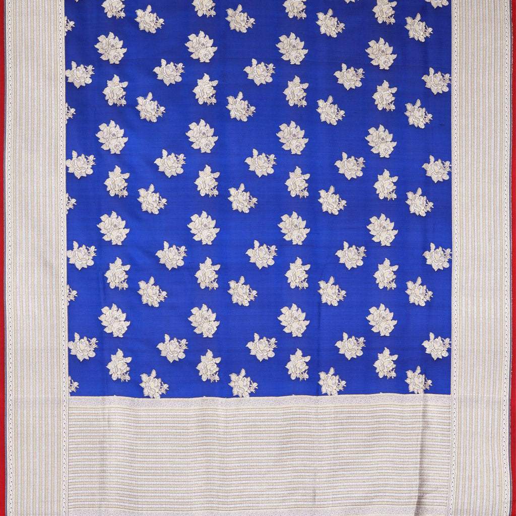 Cobalt Blue Banarasi Silk Saree With Floral Motifs - Singhania's