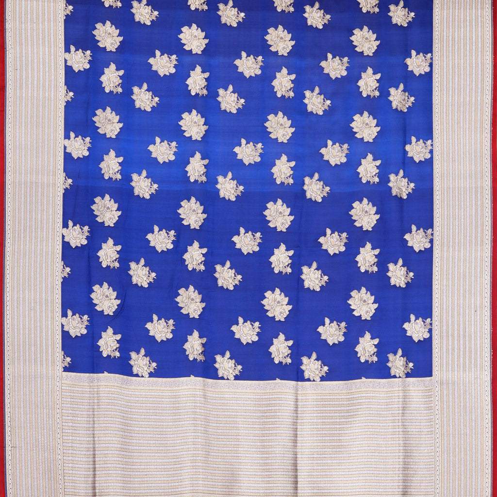 Navy Blue Banarasi Silk Saree With Floral Motifs - Singhania's
