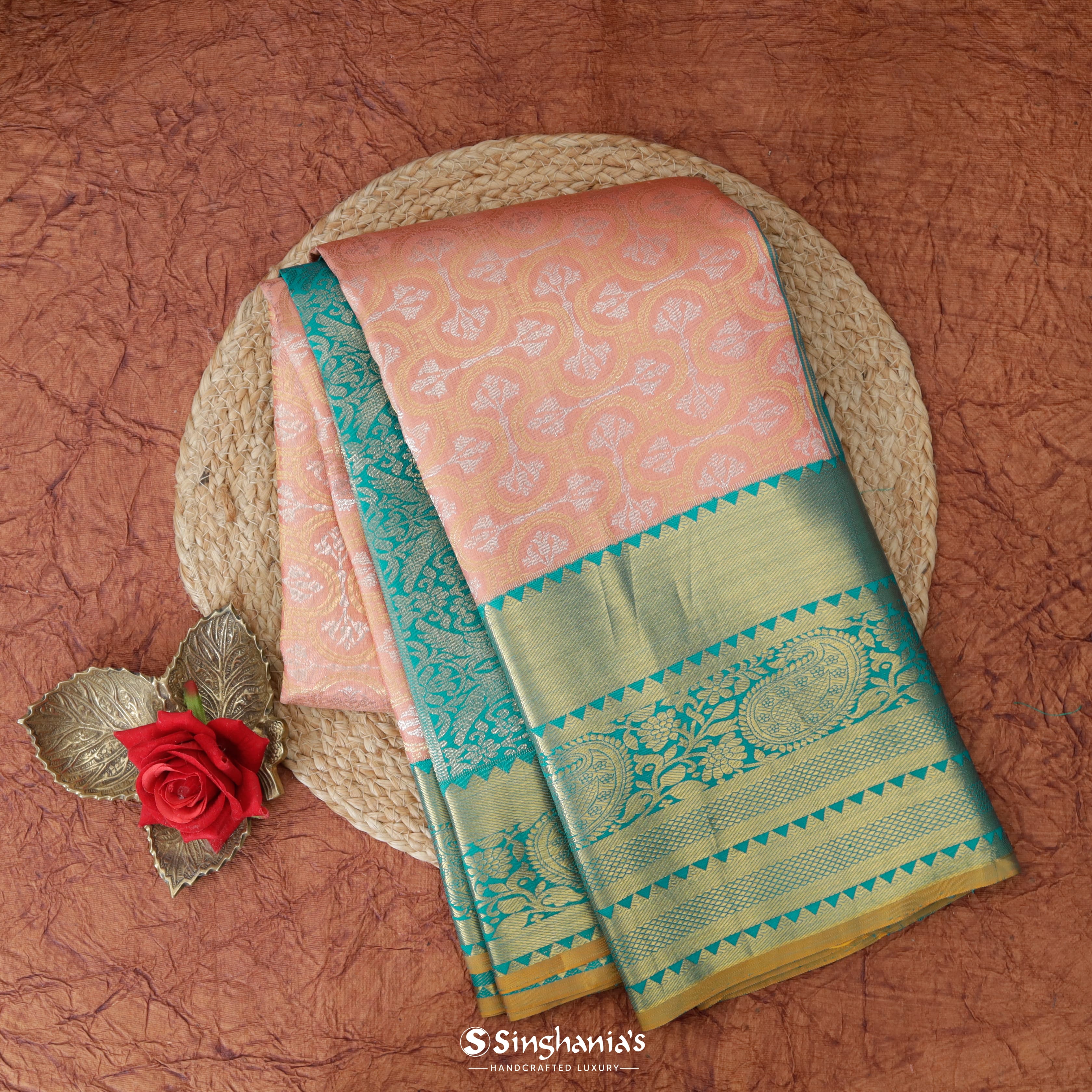 Light Coral Pink Silk Kanjivaram Saree With Floral Jaal Design