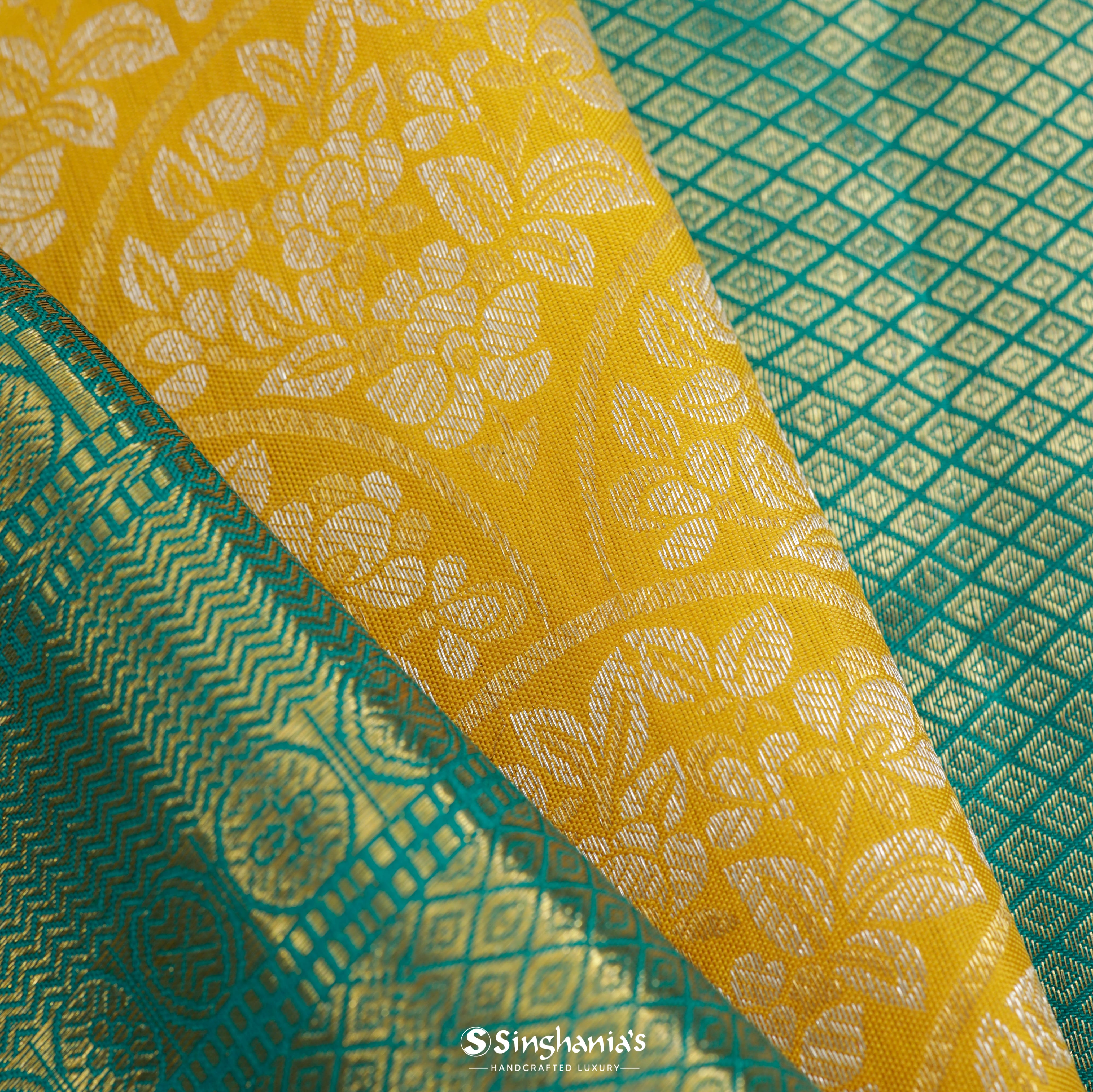 Canary Yellow Silk Kanjivaram Saree With Floral Jaal Design