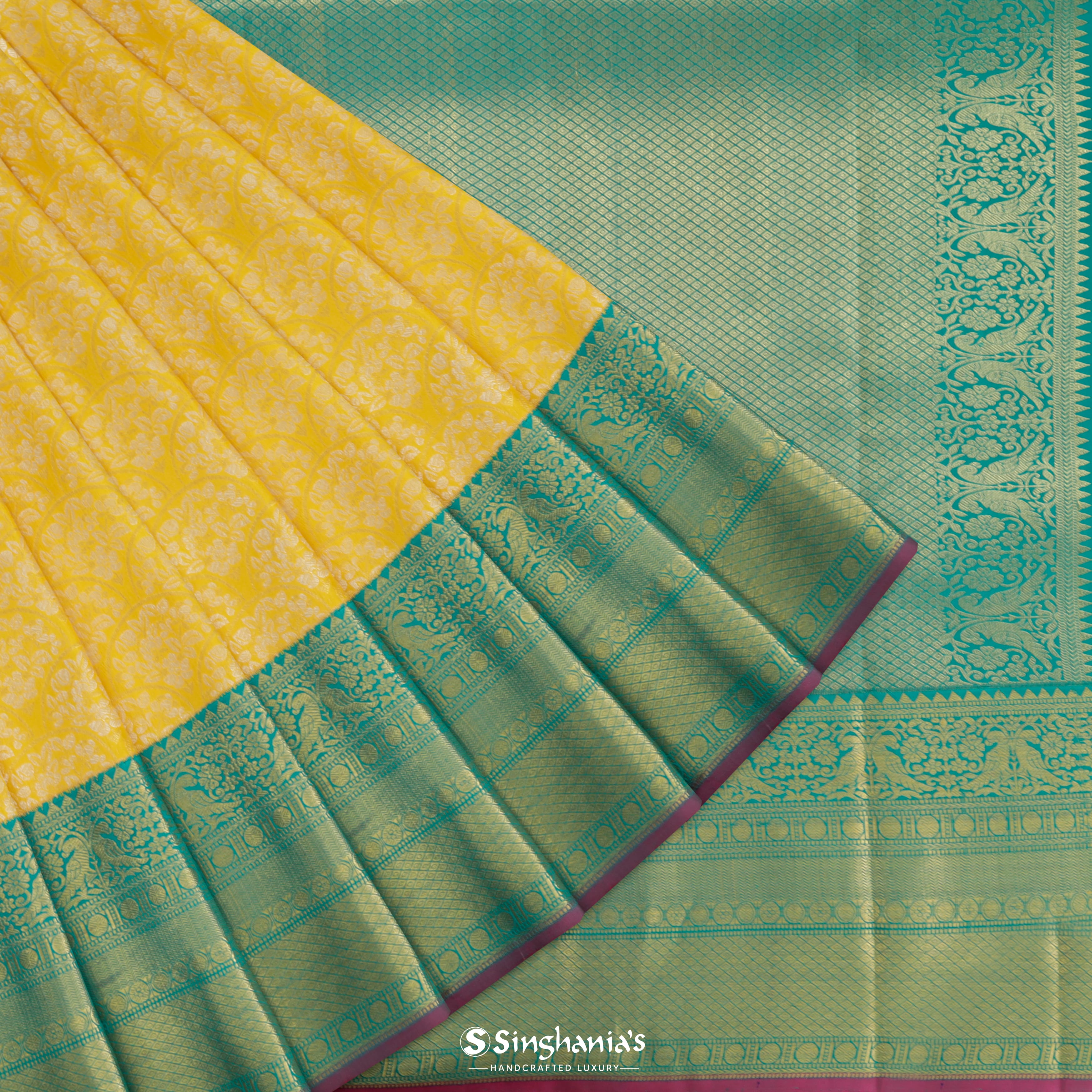 Canary Yellow Silk Kanjivaram Saree With Floral Jaal Design