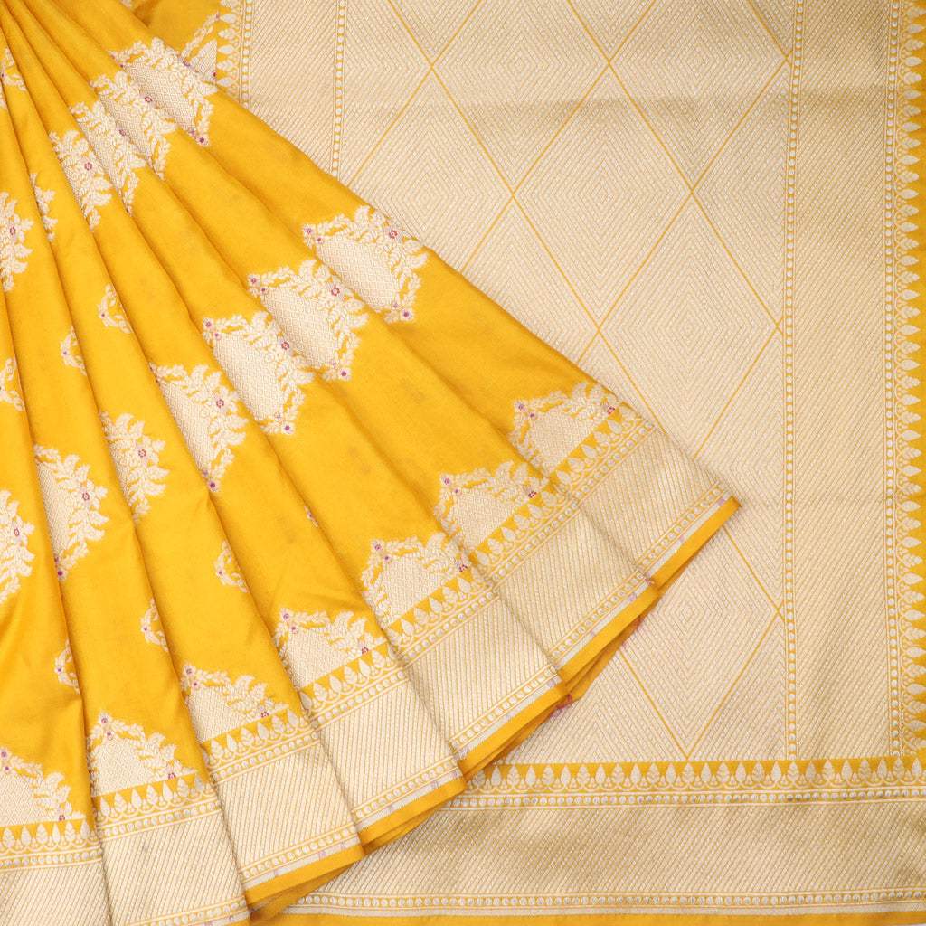 Bright Yellow Banarasi Silk Handloom Saree With Floral Motifs - Singhania's