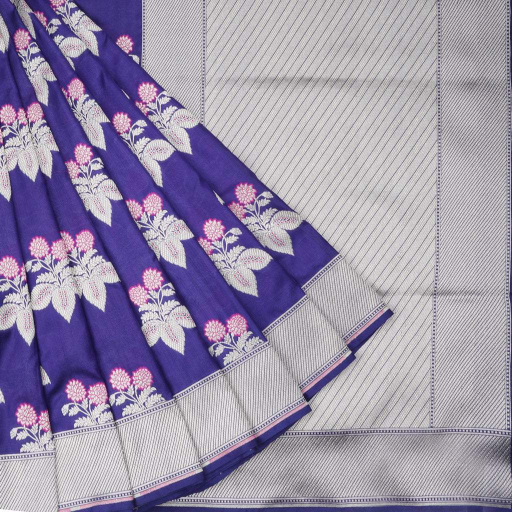 Vibrant Violet Banarasi Silk Handloom Saree With Floral Leaf Motifs - Singhania's