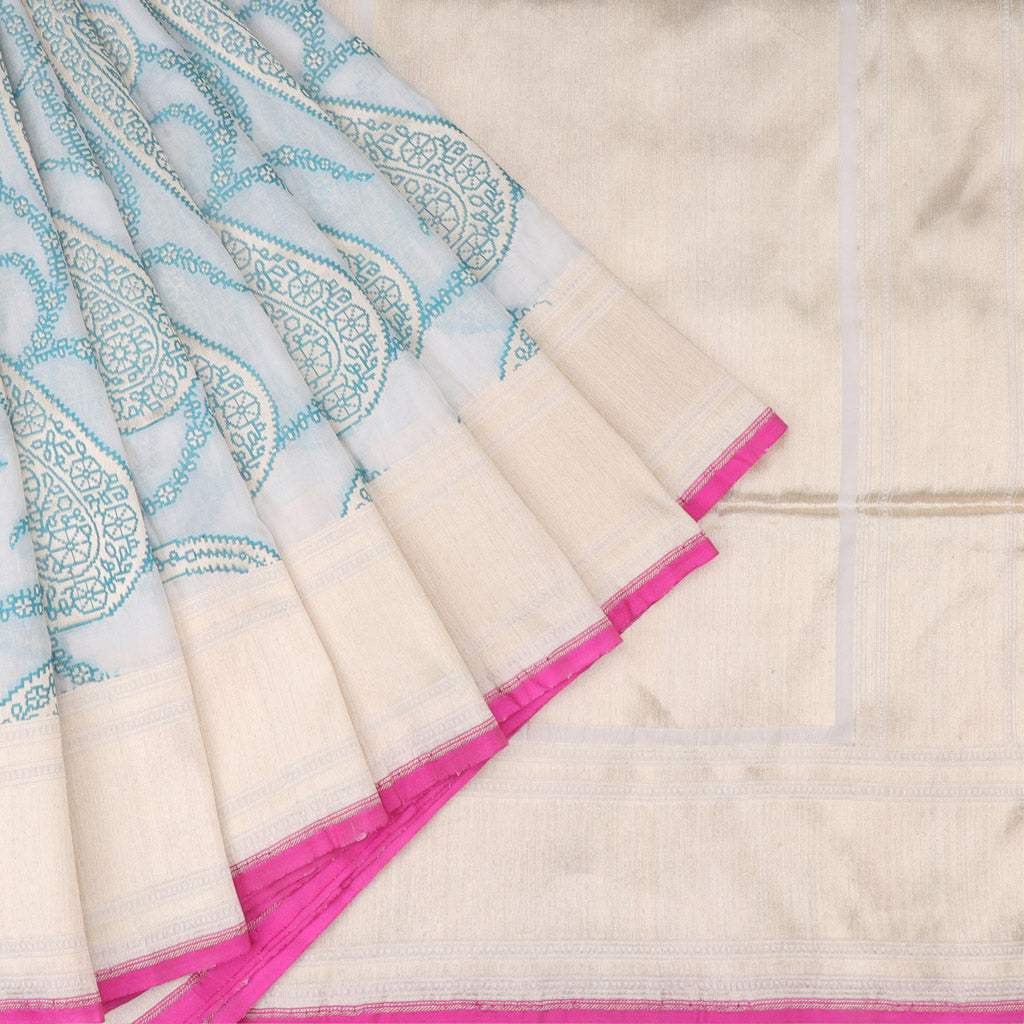 Pastel Ice Blue Banarasi Silk Handloom Saree - Singhania's