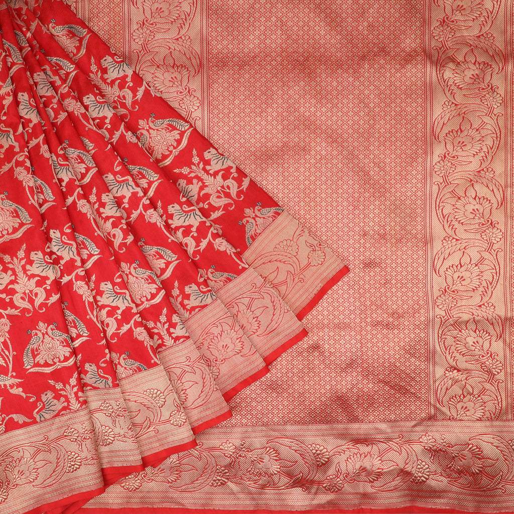 Bright Red Banarasi Silk Handloom Saree - Singhania's