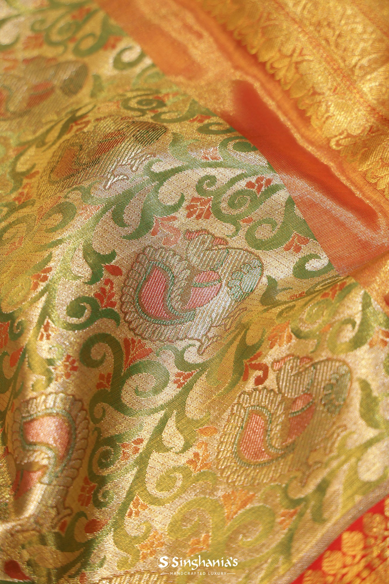 Olive Green Tissue Kanjivaram Silk Saree With Floral And Mayil Jaal Design